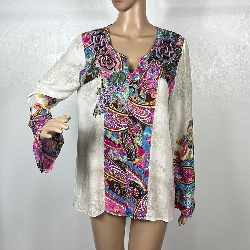 Cyrena Anthropologie Boho Paisley Floral Appliqué Tunic Top Size M